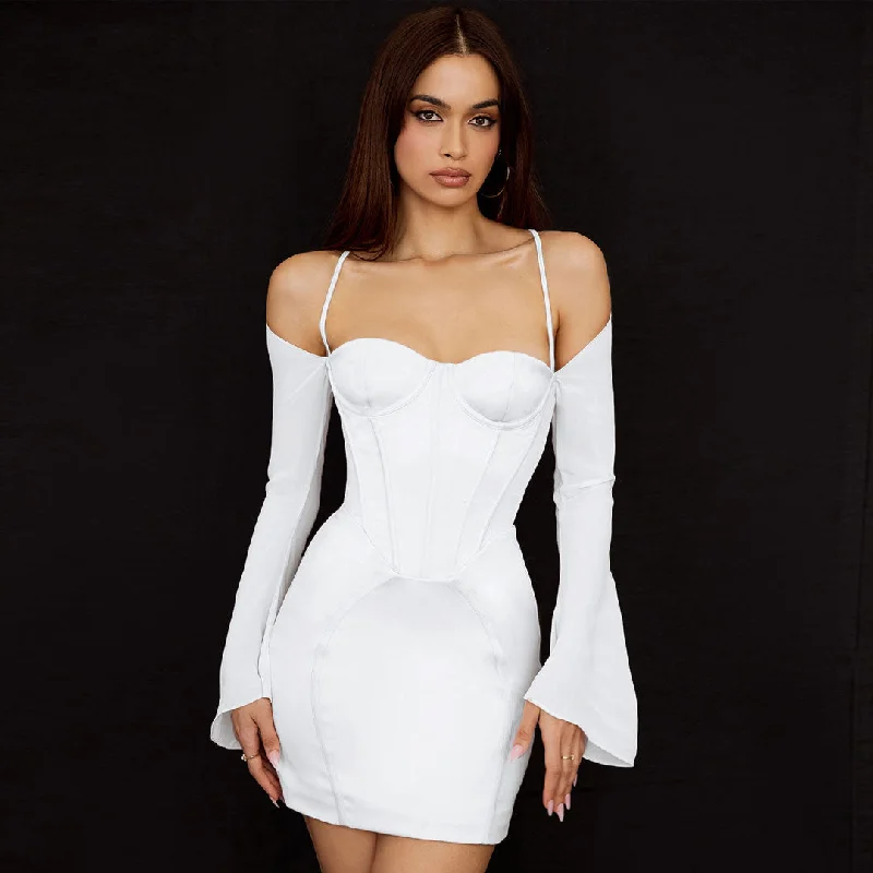 BerryBetty - Silky Satin Long Sleeve Off Shoulder Corset Club Mini Dress - White Sharp Women's Italian BerryBetty - Silky Satin Long Sleeve Off Shoulder Corset Club Mini Dress - White Sharp Women's Italian
