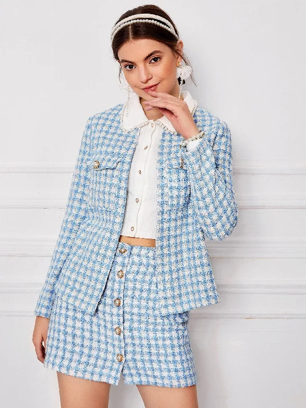 Plaid Pocket Long Sleeve Round Neck Regular Women Overcoat Women