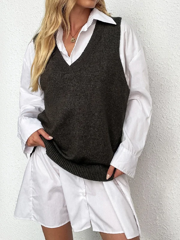 Casual Plain Sleeveless V Neck Regular Women Knit Top Streetwear Style for 