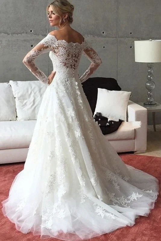 A Line Off the Shoulder Long Sleeves Sweep Train Wedding Dress Traditional Women's Wool