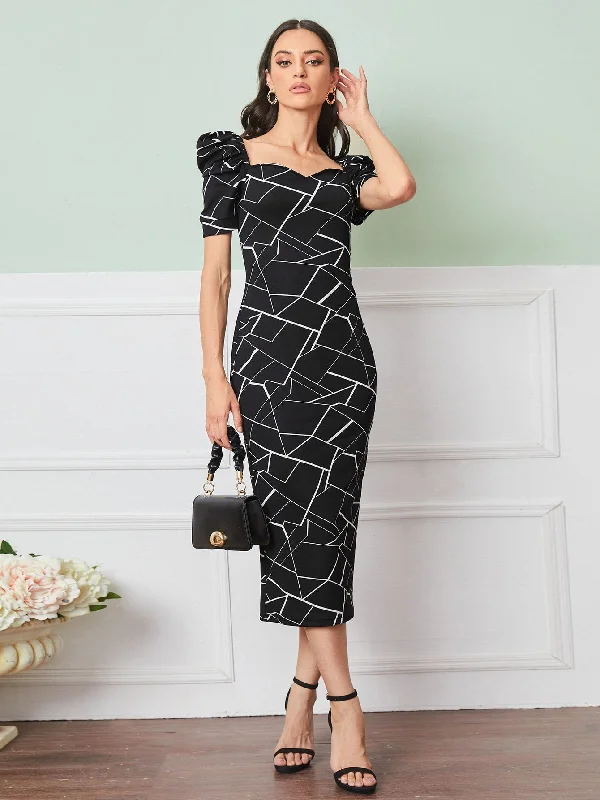 Geometric Split Short Sleeve Sweetheart Pencil Natural Long Dress Refined Women's 