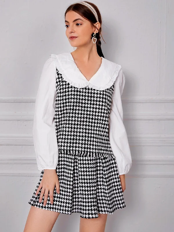 Preppy Houndstooth Frill Long Sleeve Peter Pan Collar Regular Blouse Earthy Women's Hemp - based Preppy Houndstooth Frill Long Sleeve Peter Pan Collar Regular Blouse Earthy Women's Hemp - based