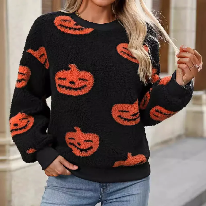 Halloween Printed Plush Loose Pullover Sweatshirts Wholesale Womens Clothing N3824073100103