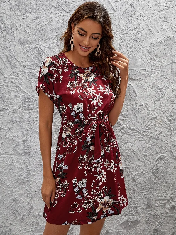 All Over Print Belted Short Sleeve Round Neck Flared High Waist Short Dress Traditional Women's Wool