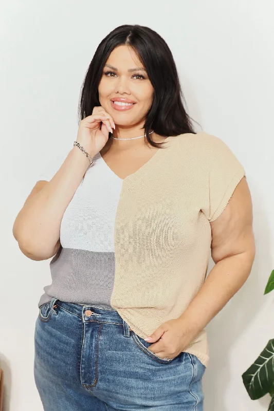 Color Block V-Neck Knit Top Gym