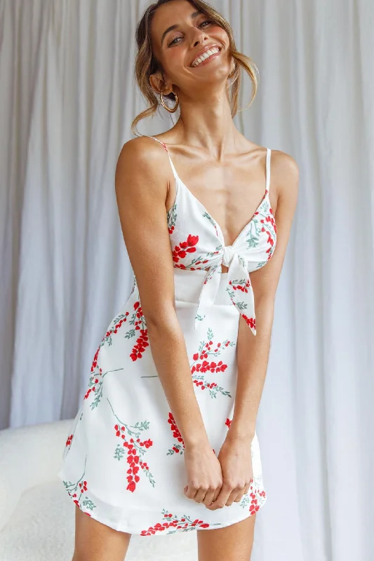 Starry Night Satin Bust-Tie Mini Dress Floral Print White Earthy Women's Hemp - based
