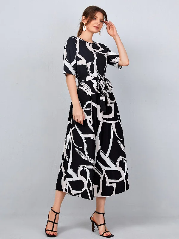 All Over Print Belted Short Sleeve Round Neck Flared Natural Long Dress Casual Women's Loose - fitting
