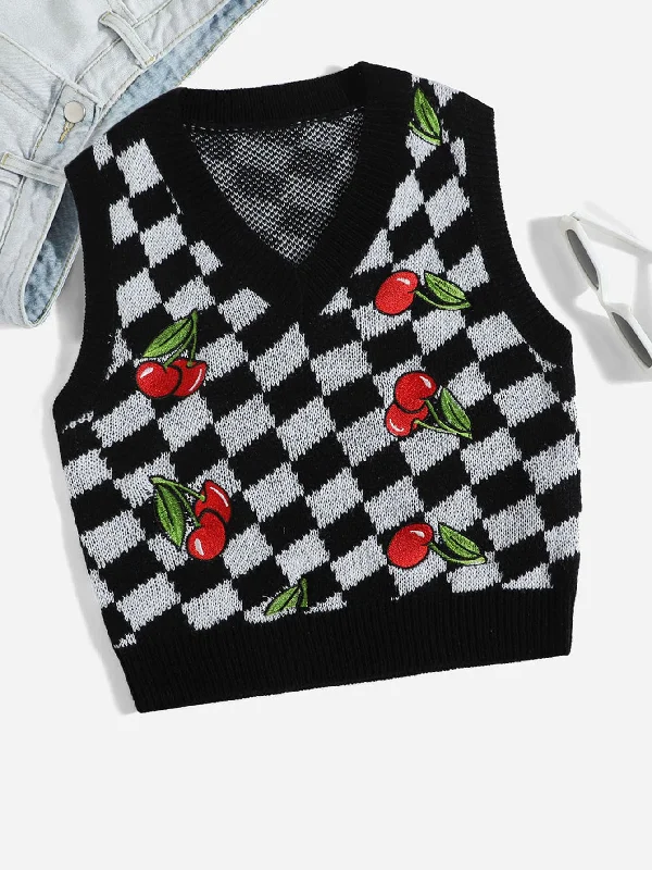 Casual Fruit&Vegetable Embroidery Sleeveless V Neck Crop Women Knit Top Traditional Women's Wool
