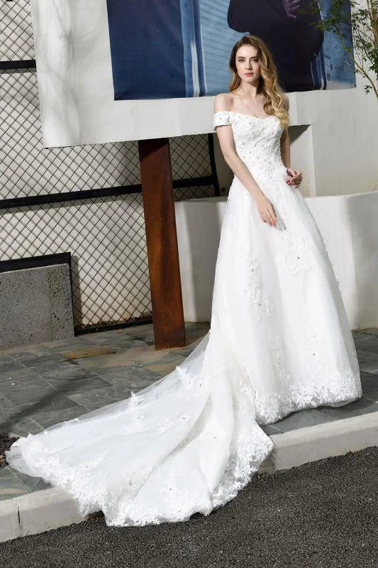 Bridelily Gorgeous A-Line Lace Off Shoulder Wedding Dress Sleek Women's 