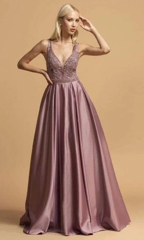 Aspeed Design - L2001 Embroidered Deep V Neck Satin A-Line Gown