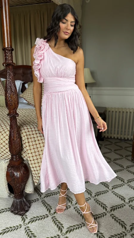 Francesca Baby Pink One Shoulder Ruffle Maxi Dress Artistic Women's Hand - painted