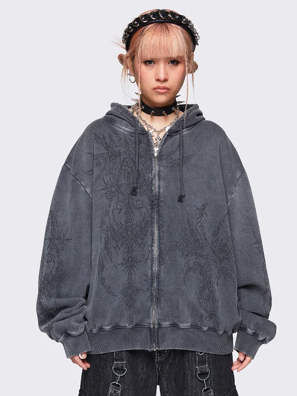 Enigmatic Grey Wash Oversized Zip Up Hoodie Youthful Women's Anime - inspired