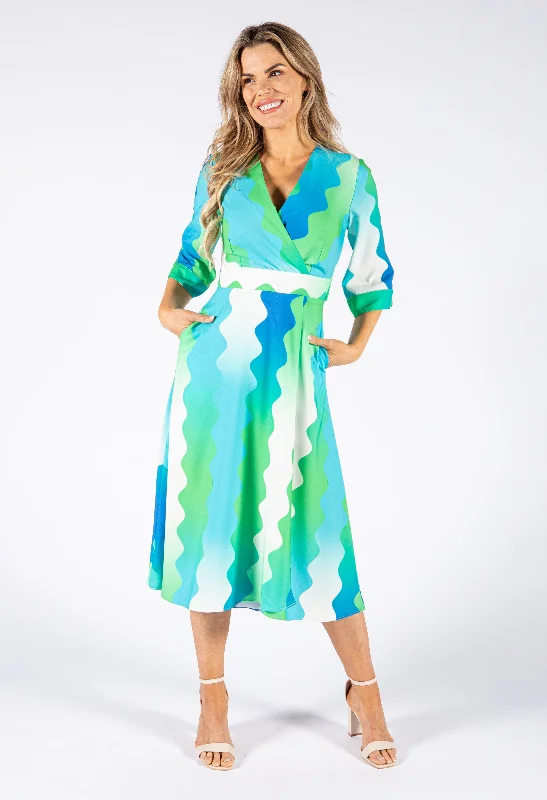 Wide Wave Print V Neckline Dress Traditional Women's Wool