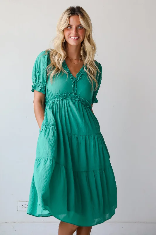 FINAL SALE - Exquisite Potential Green Tiered Midi Dress performance