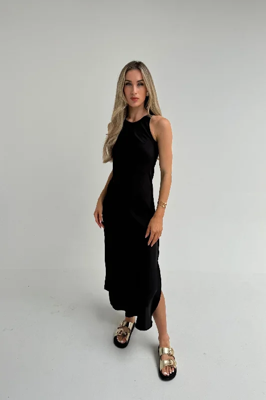 Elsa High Neck Satin Dress In Black