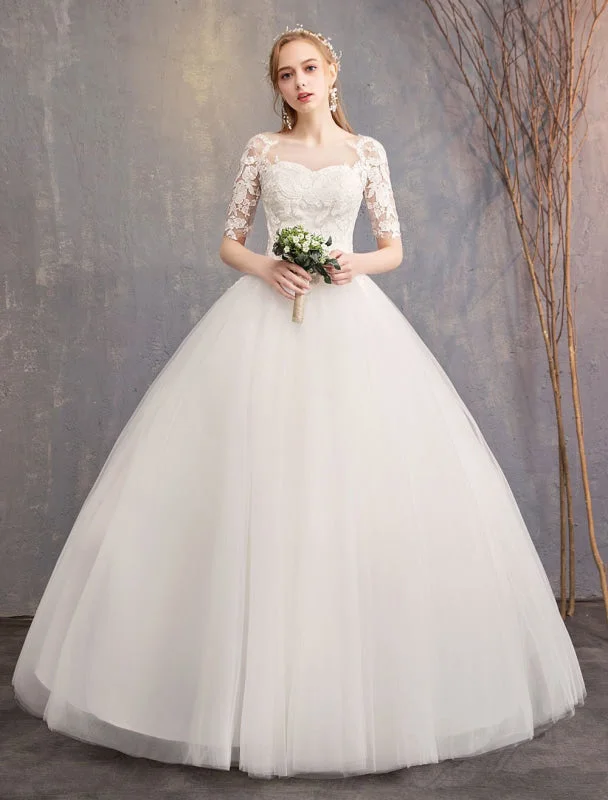 Lace Wedding Dresses Ivory Illusion Neckline Half Sleeve Floor Length Princess Wedding Dress