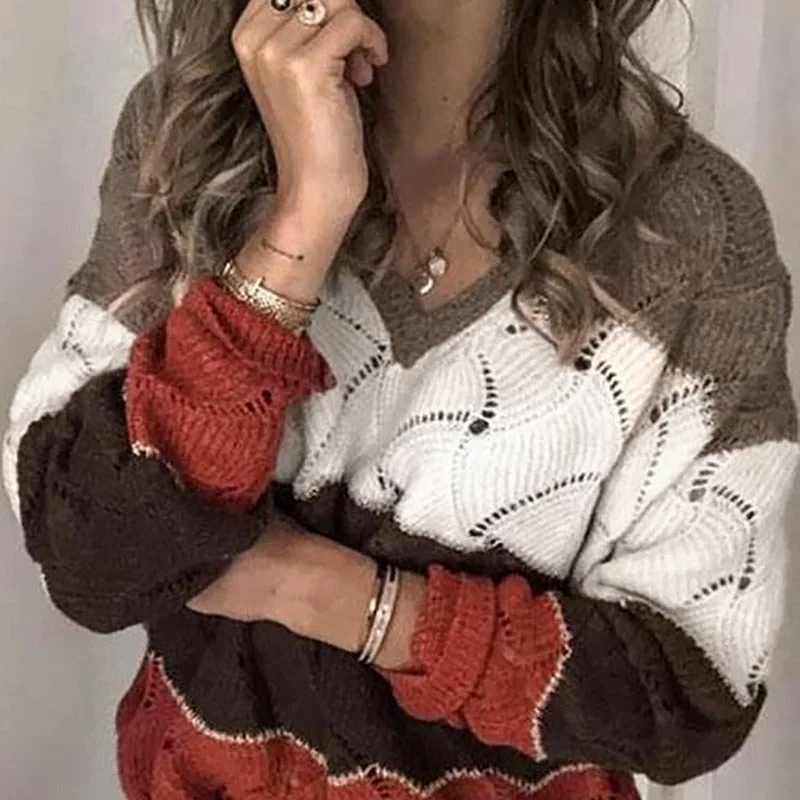 Sexy Cutout V-Neck Multi-Color Splicing Knit Sweater Wholesale Womens Tops Contemporary Sexy Cutout V-Neck Multi-Color Splicing Knit Sweater Wholesale Womens Tops Contemporary