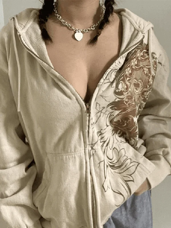 Vintage Floral Graphic Zip Up Hoodie Traditional Women's Wool