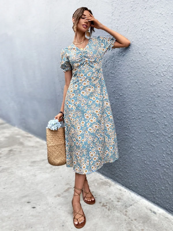 All Over Print Frill Short Sleeve V Neck Flared High Waist Long Dress