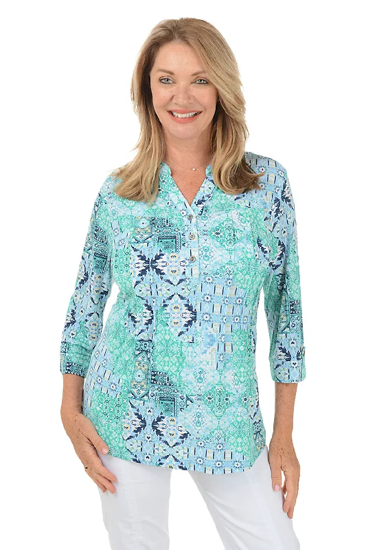 Blue Jade Pleated Patch Print Top Geometric