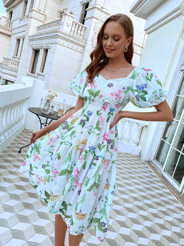 Floral Shirred Short Sleeve Sweetheart Flounce High Waist Midi Dress