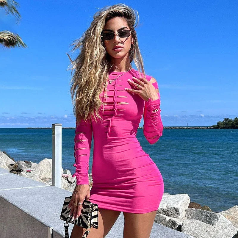 BerryBetty - Slashed Ladder Cut Out Crew Neck Long Sleeve Bodycon Mini Dress - Hot Pink Geometric