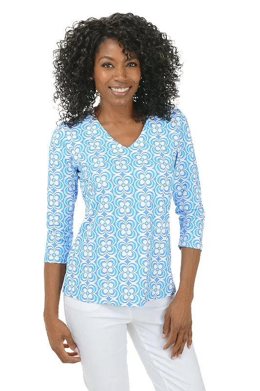 Periwinkle Optical Daisy Classic UPF50+ V-Neck Top Bohemian Women's Free