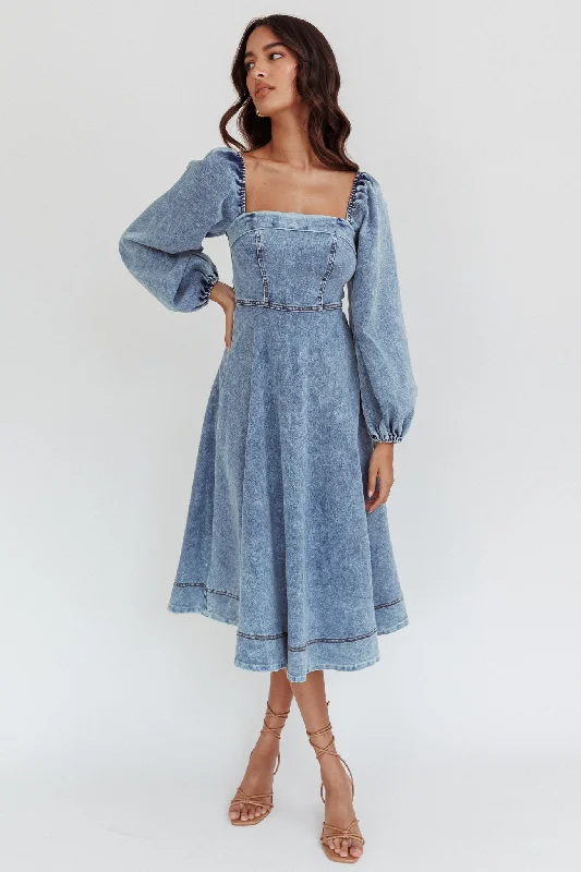 Jeanie Long Sleeve Midi Dress Denim Blue Compression