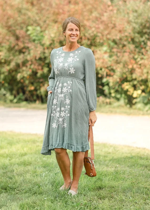 Embroidered Round Neck Long Sleeve Midi Dress - FINAL SALE