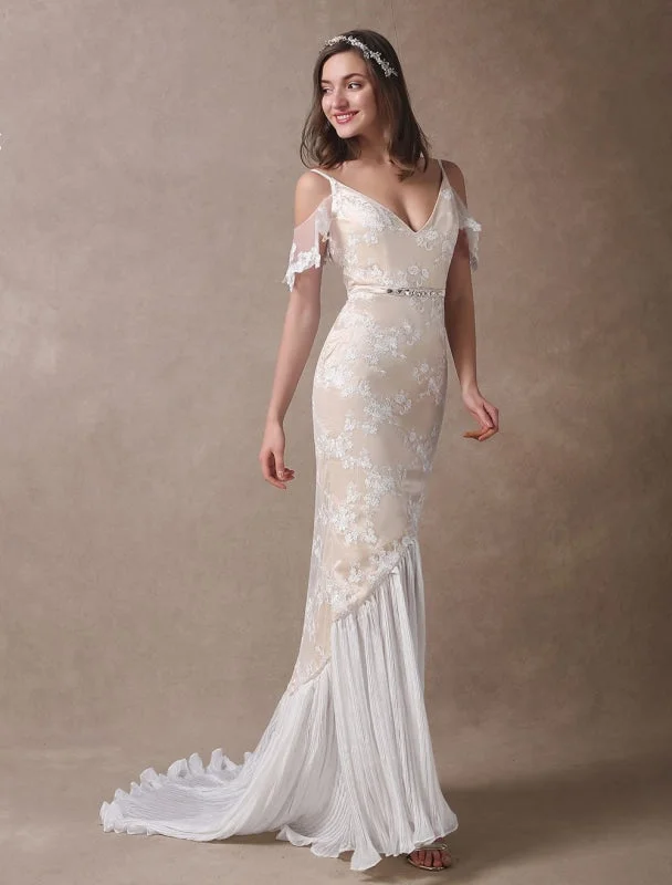 Boho Wedding Dresses Champagne Lace Beach Bridal Dress Mermaid V Neck Backless Beaded Summer Wedding Gowns Exclusive Trendy Women's 