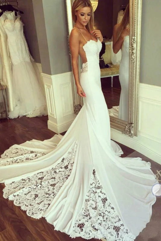 Mermaid Sexy Sheer Neck with Lace Unique Ivory Wedding Dress Youthful Women's Anime - inspired