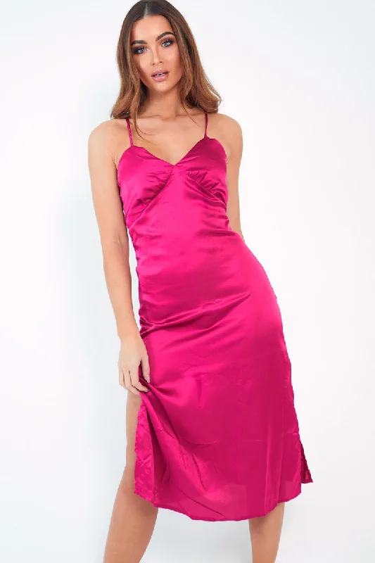 Pink Satin Cami Strap Satin Midi Dress - Sadia Laid - back Women's Style