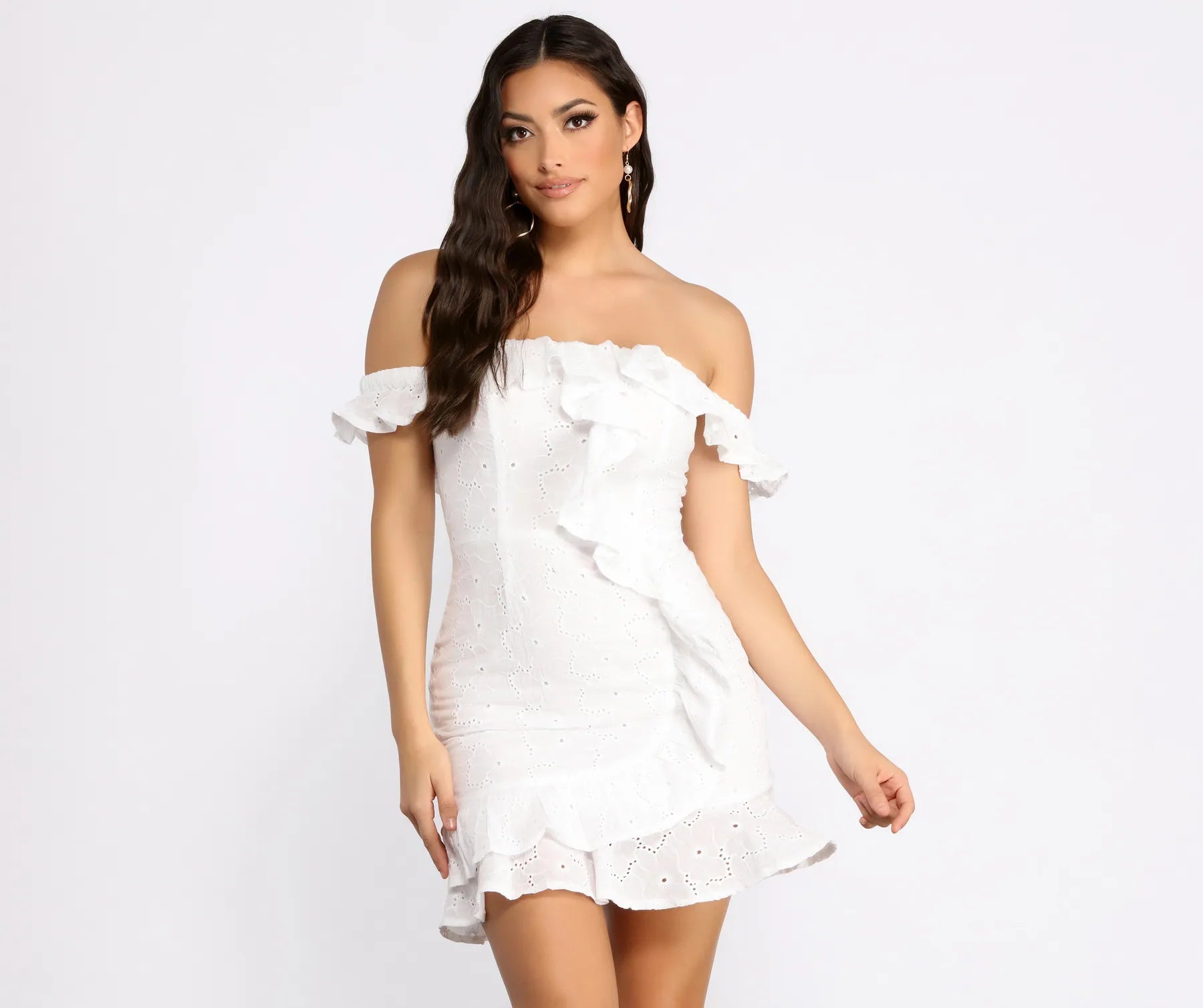 Ruffle Detail Eyelet Off The Shoulder Mini Dress Sharp Women's Italian