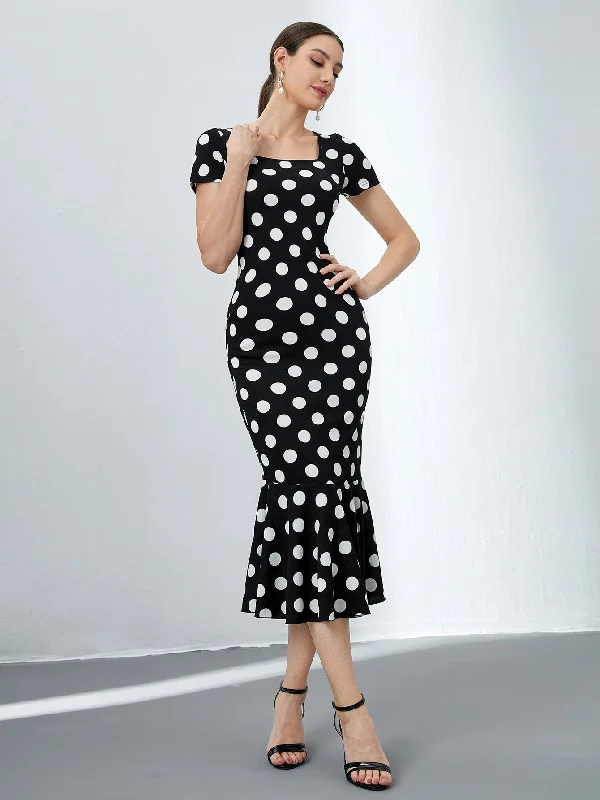 Polka Dot Ruffle Hem Short Sleeve Square Neck Mermaid Natural Midi Dress Sophisticated Women's 