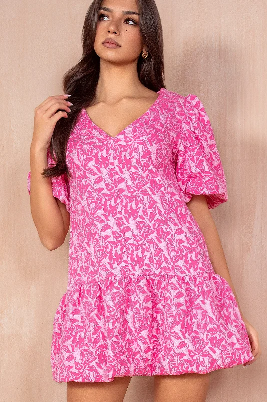 Hayley Pink Jacquard Puffball Dress Traditional Women's 