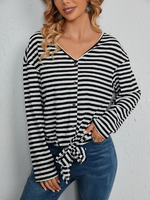 Casual Striped Tie Front Long Sleeve V Neck Regular Women T-Shirt Practical Women's Multi - Casual Striped Tie Front Long Sleeve V Neck Regular Women T-Shirt Practical Women's Multi -