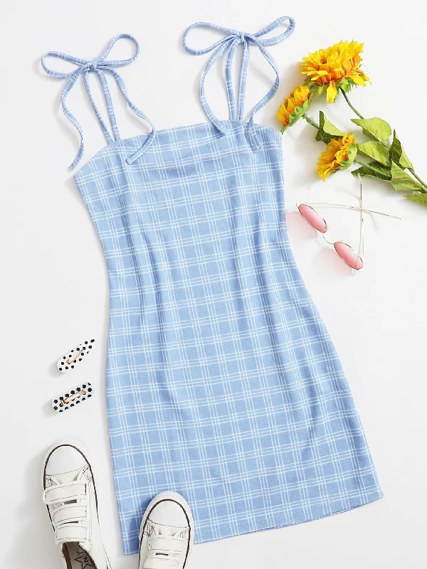 Plaid Knot Sleeveless Spaghetti Strap Pencil Natural Short Womens Dress