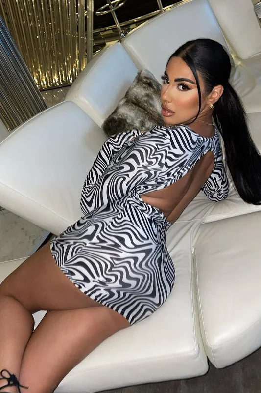 Black White Wave Print Cut Out Back Mini Dress - Malia Tough Women's Military - inspired