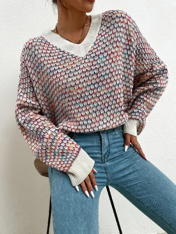 Casual All Over Print Long Sleeve V Neck Regular Women Sweater