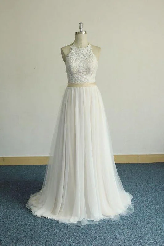 Bridelily Elegant Halter Lace Tulle A-line Wedding Dress Sharp Women's Italian