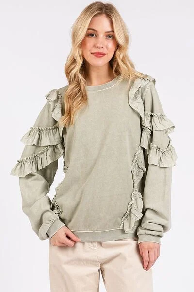 Mittoshop Ruffled Mineral Washed Round Neck Long Sleeve Sweatshirt