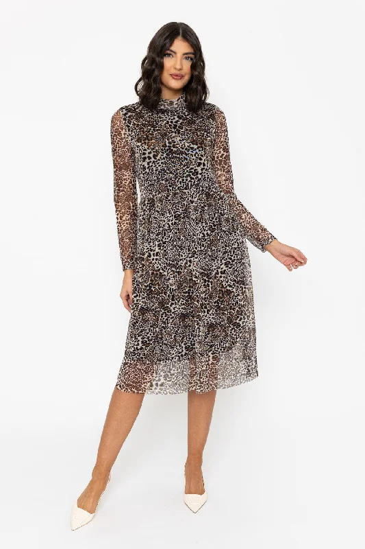 Leopard Print High Neck Mesh Midi Dress Artistic Women's Avant - 