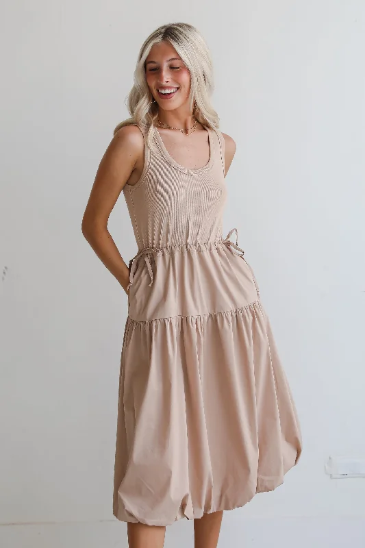 FINAL SALE - Darling Sophistication Taupe Contrast Midi Dress Bold Women's Statement
