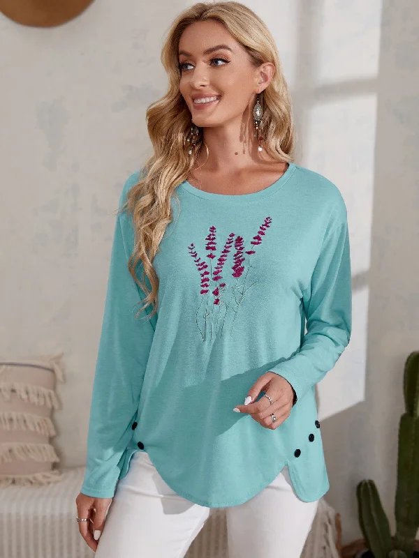 Casual Floral Button Long Sleeve Scoop Neck Asymmetrical Regular Women T-Shirt Feminine Women's Style Casual Floral Button Long Sleeve Scoop Neck Asymmetrical Regular Women T-Shirt Feminine Women's Style