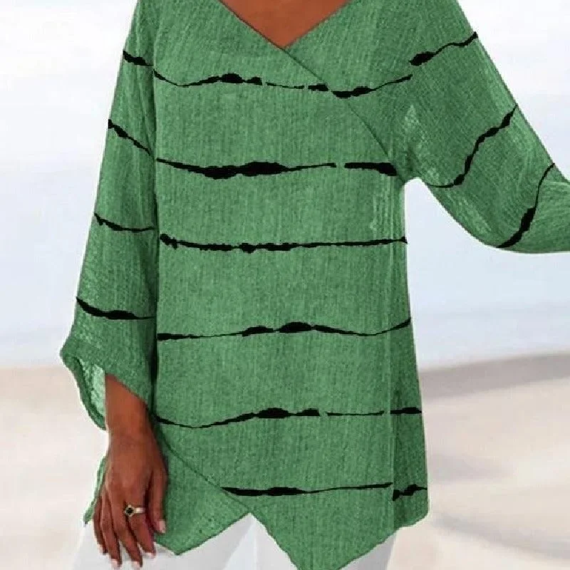 Wholesale Plus Size Clothing Casual Striped Double V-Neck Long Sleeve T-Shirt Geometric