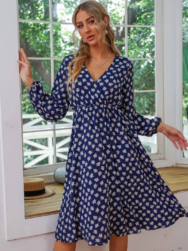 Floral Wrap Long Sleeve V Neck Flared High Waist Knee Length Dress