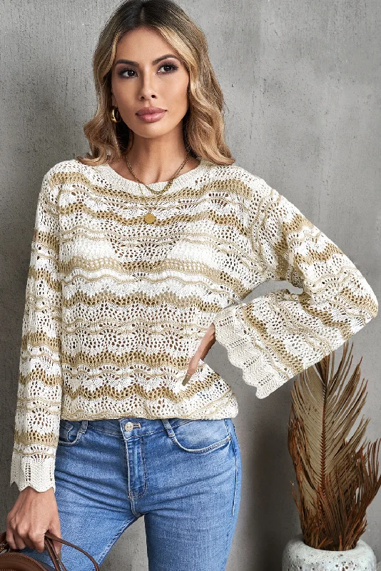 Wavy Stripe Scalloped Hem Openwork Knit Top Sleek Women's 