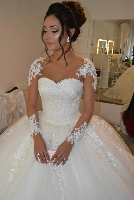 Pretty Sheer Long Sleeves Ivory Lace Appliques Wedding Dress Feminine Women's Soft 