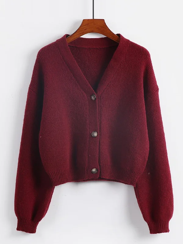Casual Plain Button Front Long Sleeve V Neck Crop Women Cardigan Stylish Women's Tropical 