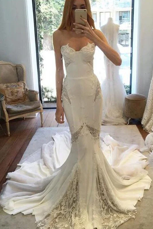 Chapel Train Sweetheart Mermaid Lace Appliques Chiffon Wedding Dress Dynamic Women's High - energy Chapel Train Sweetheart Mermaid Lace Appliques Chiffon Wedding Dress Dynamic Women's High - energy
